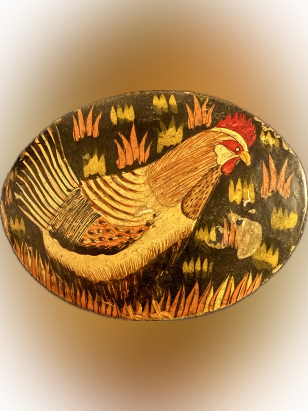 Vintage Handpainted Paper Mache Rooster Decorative Trinket Box - Yellow & Orange